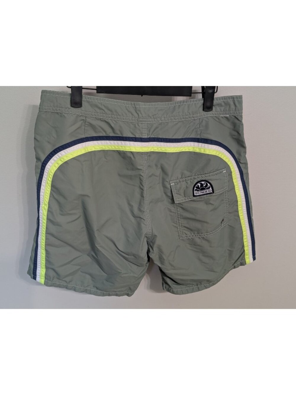 Vintage Sundek Board Shorts Mens 33 Green Rainbow Stripe Swim Trunks